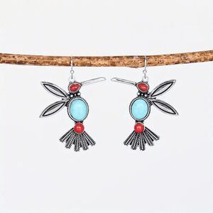 Hummingbird Red Blue Turquoise Dangle Earrings